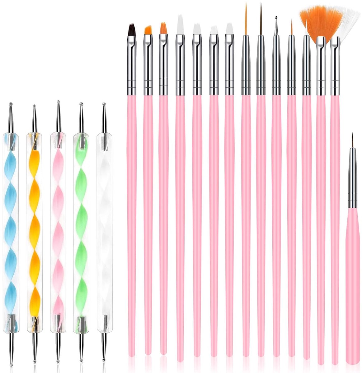 20 delige nail art set - Manicure - Nail art set - Nagelgereedschap - Nail Art Tools - Nagel Penselen - Bevat 15 nail-art-penselen en 5 dotting-pennen - Geschikt voor nagelstyling, lijnwerk en verfijnde, handgeschilderde ontwerpen - Roze