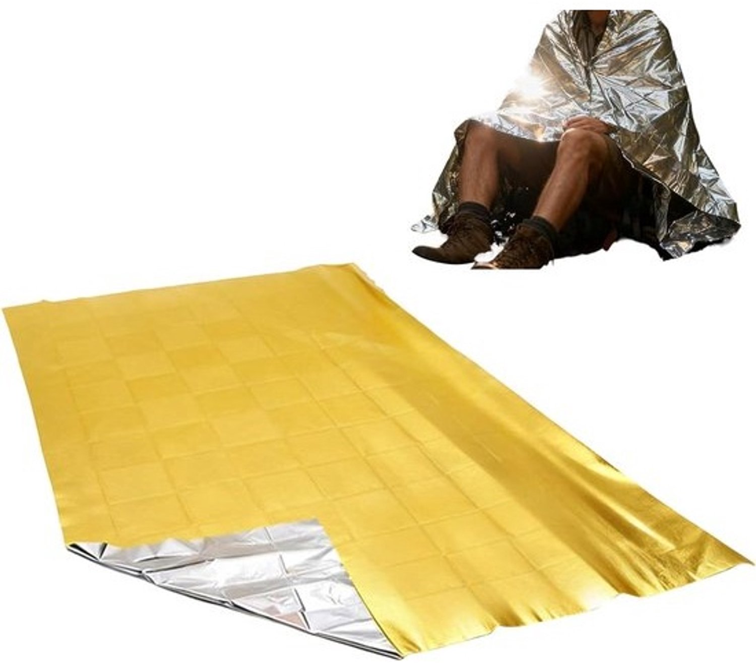 Survivalruimtedekens - Nooddeken van folie - Bescherming buiten - Reflecteert warmte - 130 x 210 cm - Goud/zilver