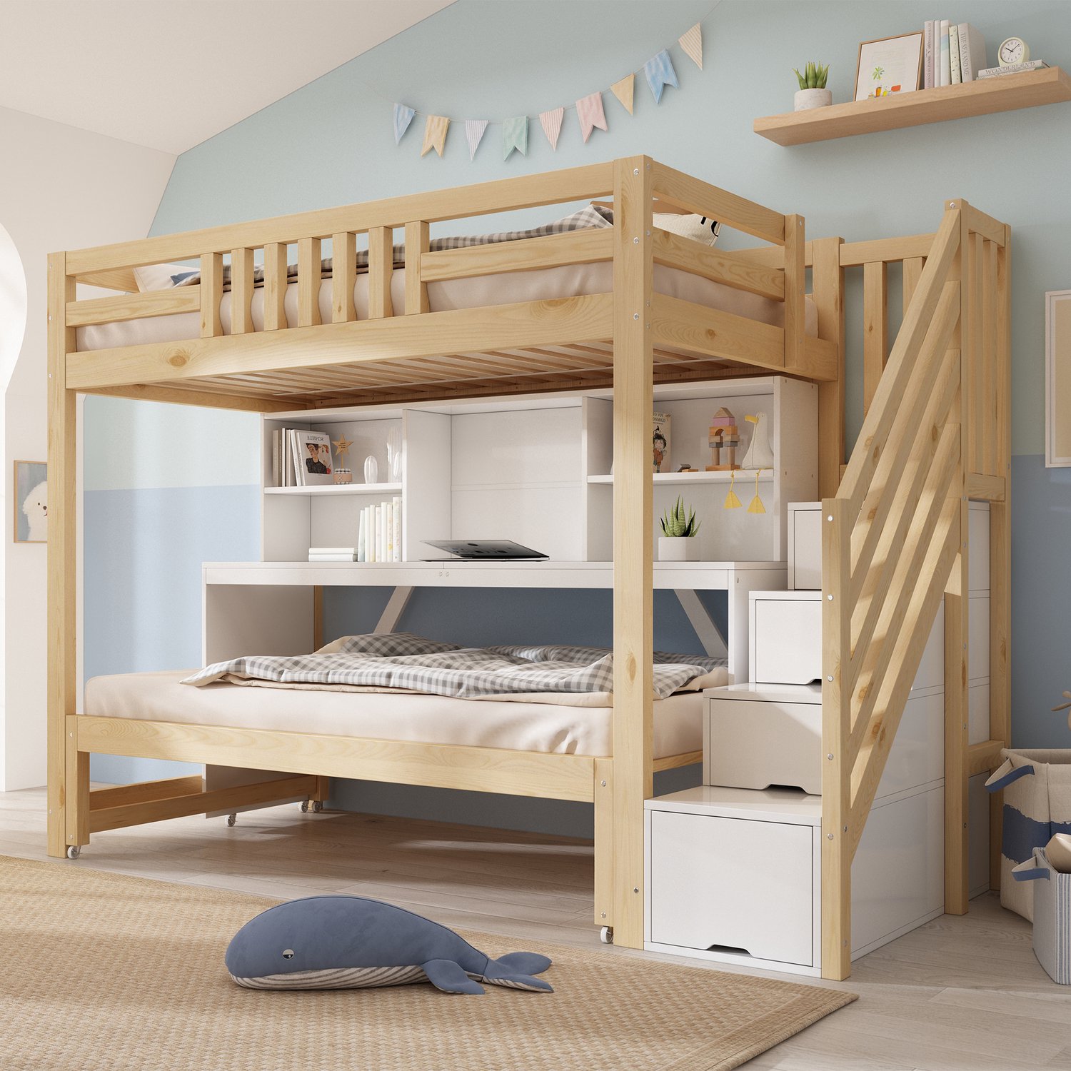 VVBV Stapelbed 90x200 – Bureau, Opbergruimte, Trap, Uitschuifbaar, Lattenbodem, Wielen, Tot 150 kg – Stapelbed met Bureau – Hout – Eiken, Wit Oak,White