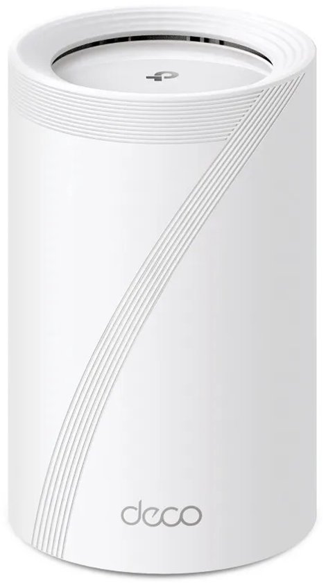 Witte cilindrische TP-Link Deco mesh-router met subtiele diagonale lijnen en het 'deco' logo.