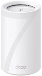 Witte cilindrische TP-Link Deco mesh-router met subtiele diagonale lijnen en het 'deco' logo.