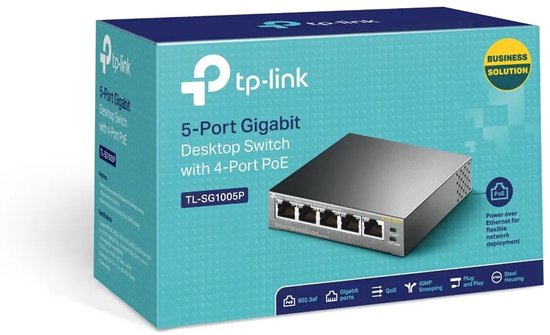 Productverpakking van de blauwe TP-Link TL-SG1005P 5-poorts gigabit desktopswitch met PoE-functies.