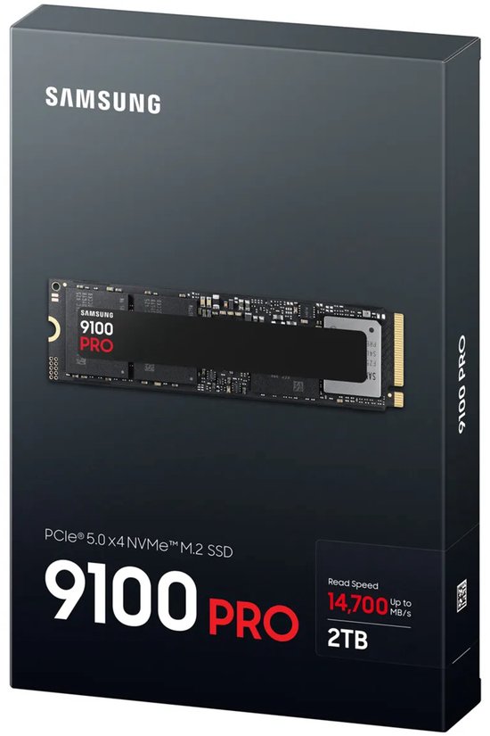 Samsung 9100 PRO 2TB PCIe 5.0 NVMe M.2 SSD-verpakking, diagonaal aanzicht met productafbeelding.