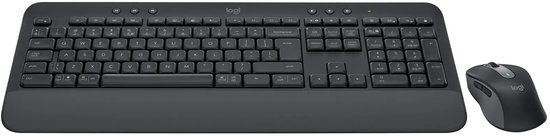 Zwart draadloos toetsenbord met polssteun en een ergonomische muis rechts ervan.
