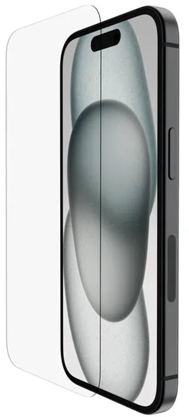 Zijaanzicht van een zwarte smartphone met een transparante glazen screenprotector.