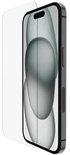 Zijaanzicht van een zwarte smartphone met een transparante glazen screenprotector.