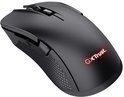 Zwarte draadloze gamingmuis met rood verlicht 'GXTrust.'-logo en textuur aan de zijkanten.
