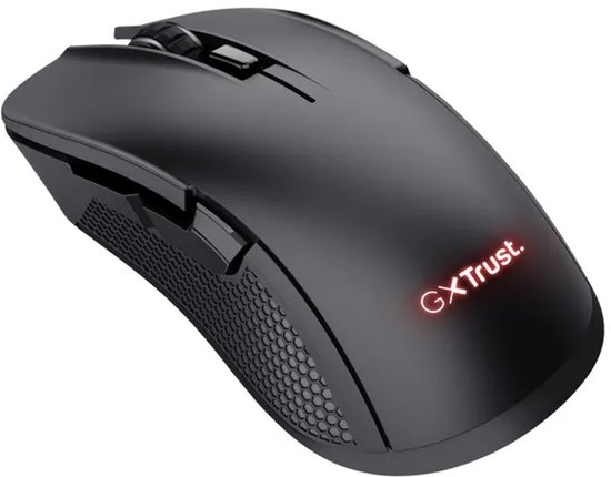 Zwarte draadloze gamingmuis met rood verlicht 'GXTrust.'-logo en textuur aan de zijkanten.