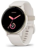 Garmin Vivoactive 5 smartwatch in ivoor met crème-goudkleurige rand en helder AMOLED-scherm.