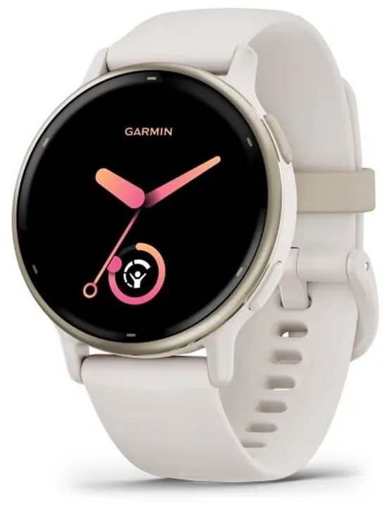 Garmin Vivoactive 5 smartwatch in ivoor met crème-goudkleurige rand en helder AMOLED-scherm.