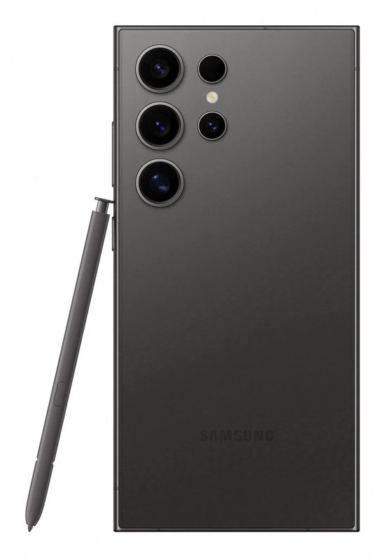 Grijze Galaxy S24 Ultra achterkant met cameralenzen, Samsung-branding en stylus aan de linkerkant.