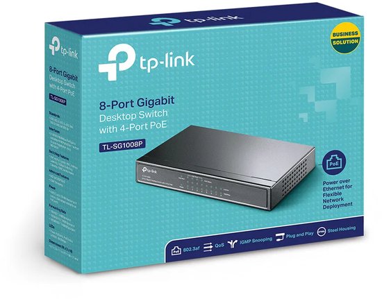 Verpakking van de TP-Link TL-SG1008P switch met specificaties en PoE-functies.