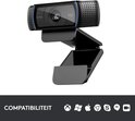 Logitech C920 webcam met compatibiliteitsiconen voor diverse besturingssystemen en software.