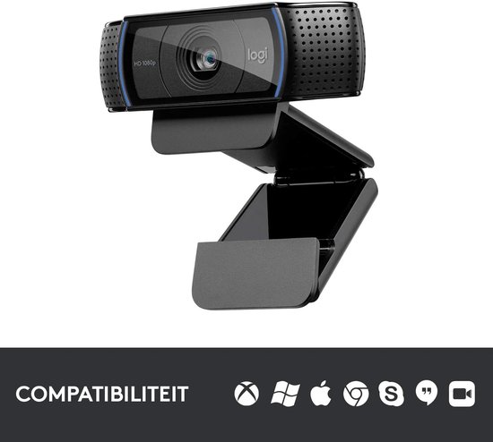 Logitech C920 webcam met compatibiliteitsiconen voor diverse besturingssystemen en software.