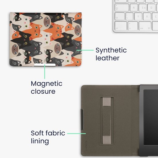 kwmobile e-reader hoesje geschikt voor Kobo Aura H2O Edition 1 hoes - E reader flip case met magneetsluiting - Ereader cover - Katten design in oranje / zwart / wit — afbeelding 2