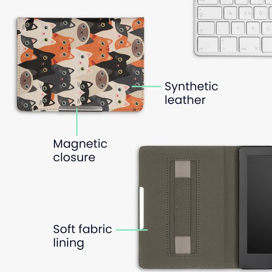 kwmobile e-reader hoesje geschikt voor Kobo Aura Edition 2 hoes - E reader flip case met magneetsluiting - Ereader cover - Katten design in oranje / zwart / wit — afbeelding 4