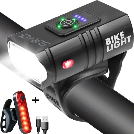 Phare noir avec inscription 'BIKE LIGHT', feu arrière rouge et câble de charge USB.