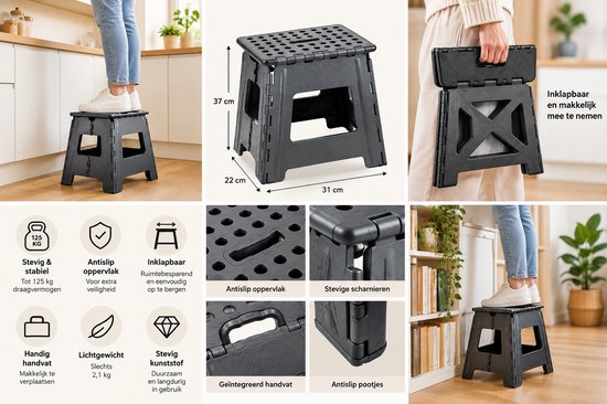 BOECK - Inklapbare Opstapkruk Groen - Stevig Plastic Trappetje met Anti-Slip - Draagbaar Opstapje voor Keuken, Badkamer & Huis van BOECK — afbeelding 4