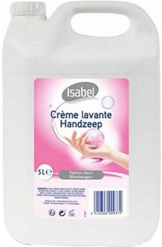 Witte 5 liter navulfles Isabel handzeep met roze etiket en afbeelding van een hand.