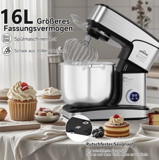 Homelux - Keukenmachine 16L XXL – 2800W Krachtige Deegmixer met LED Touchscreen – Kneedmachine met RVS Kom & 3 Opzetstukken – Professionele Mixer voor Brood, Deeg, Taart – Hamurmakinesi - Deegmachine — afbeelding 3