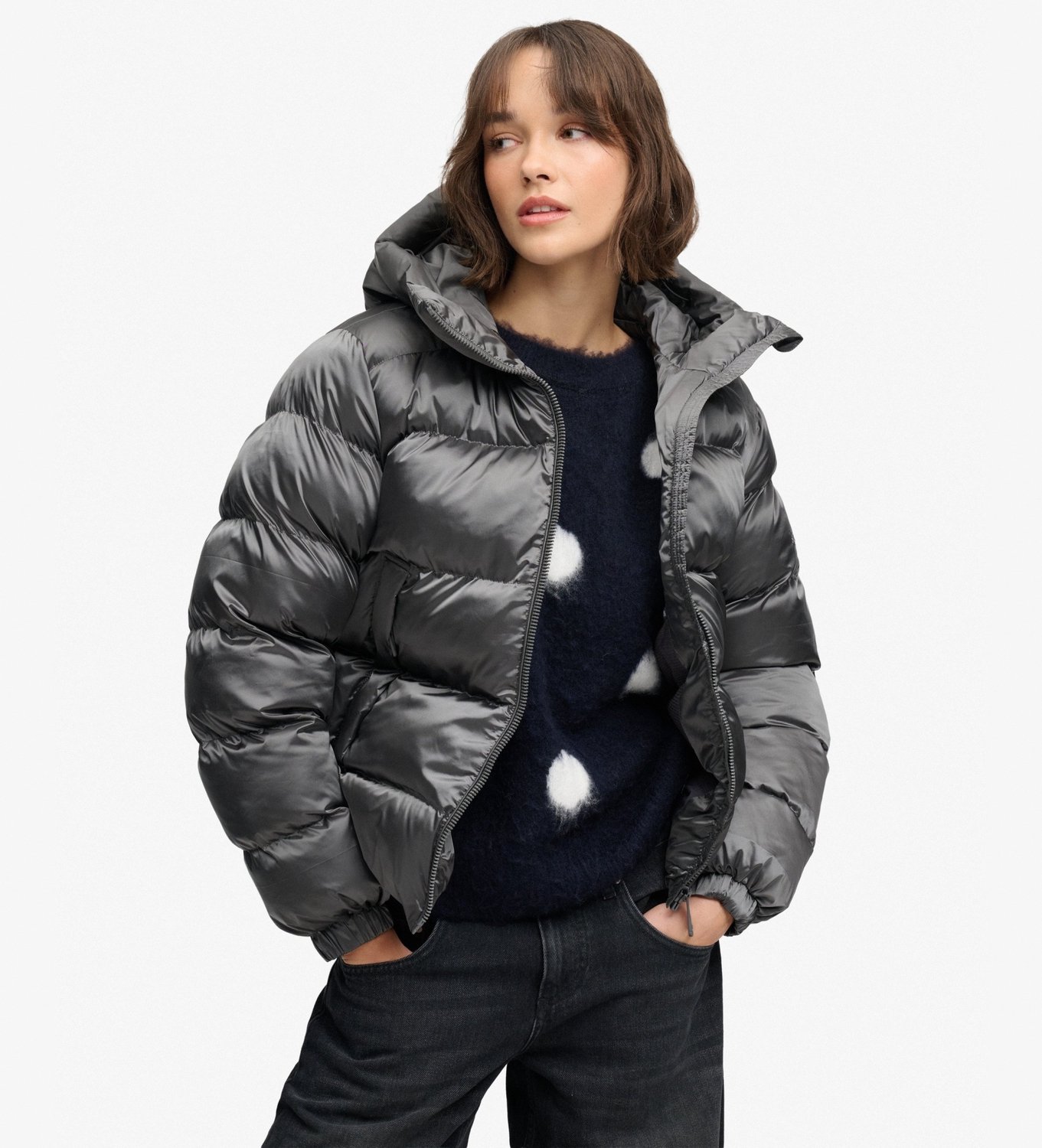 Superdry Hooded Shine Puffer Jas Slanke Pasvorm Dames Gewatteerde jassen Zwart