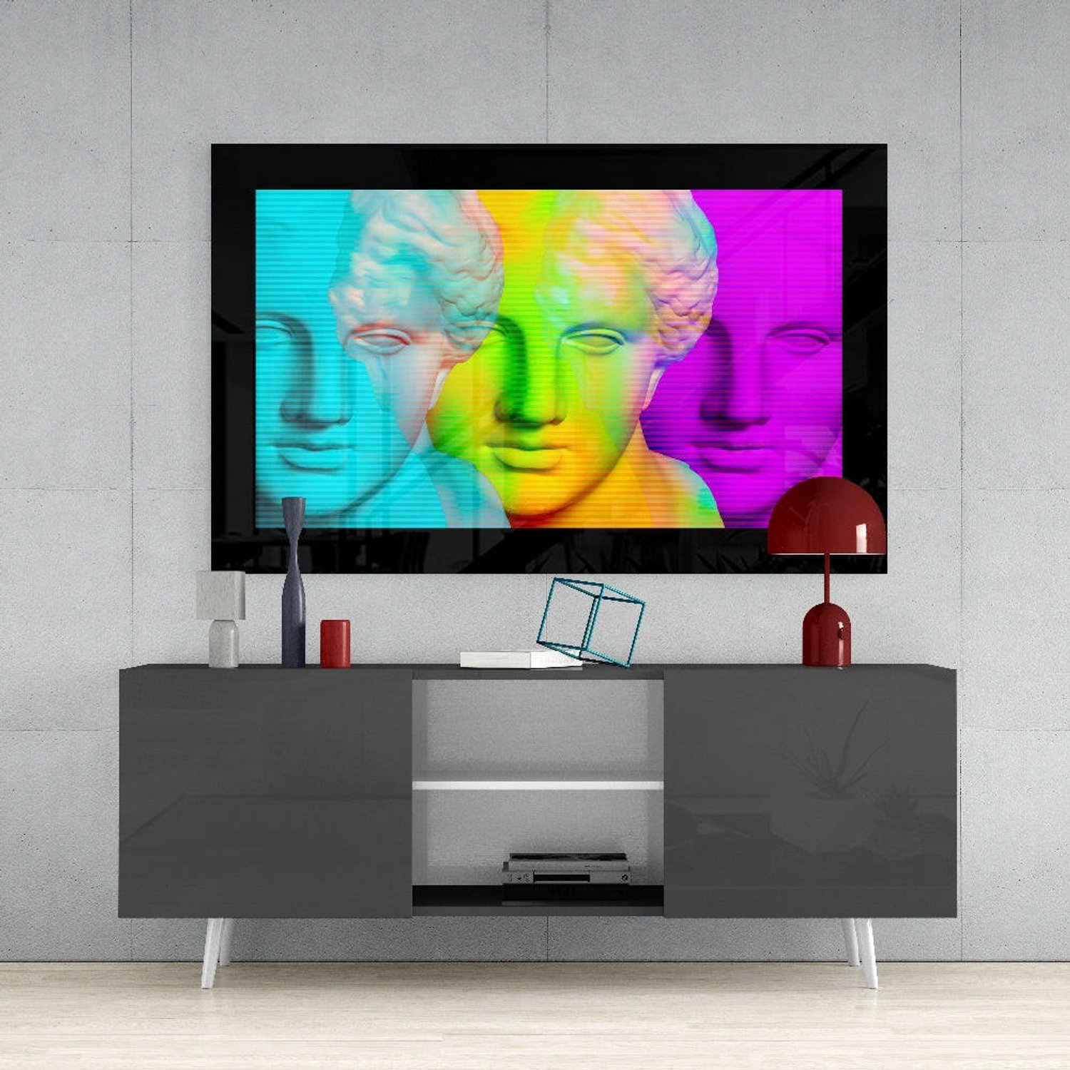 Glasschilderij – Neonverloop met Drie Bustes – Karaktervolle Wandkunst