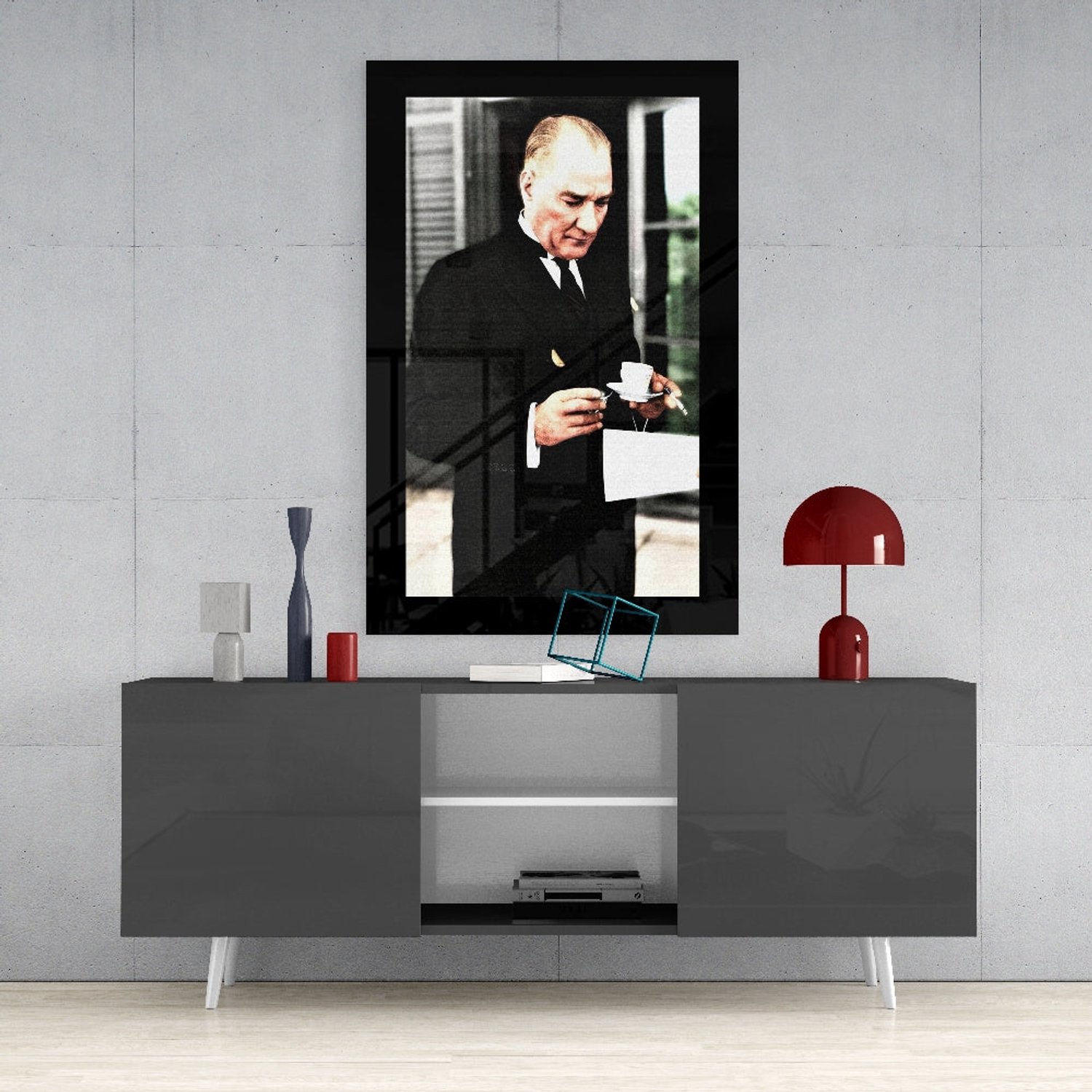 Glasschilderij – Moment met Theekopje en Atatürk – Unieke Wandkunst