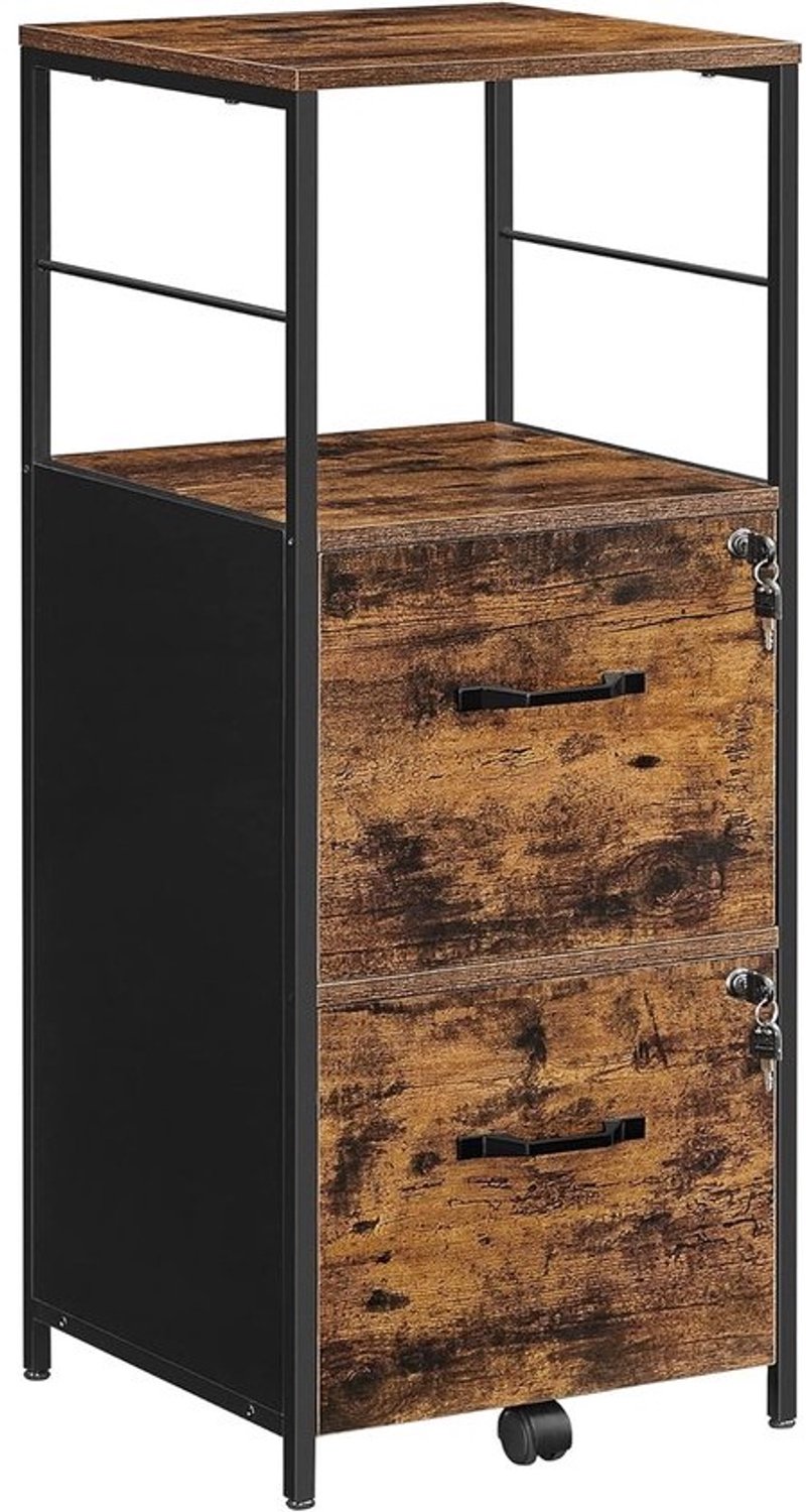 Verrijdbaar ladeblok - Archief- en kantoorkast - Documenten opbergen - Twee laden en open vak - 41x40x108 cm - Vintage bruin-zwart