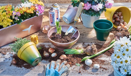 Tuinbenodigdheden met bloempotten, bloembollen, plantjes en spuitbussen.