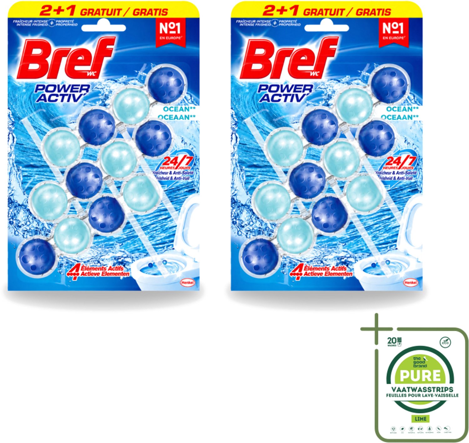 2 x Bref – Toiletblok – Power Aktiv Ocean – Multipack - Grootverpakking - Vaatwasstrips - Toiletblok Multipack - Anti-kalk Toiletblok - Frisse Toiletgeur - Krachtige Reiniging - Ocean Geur