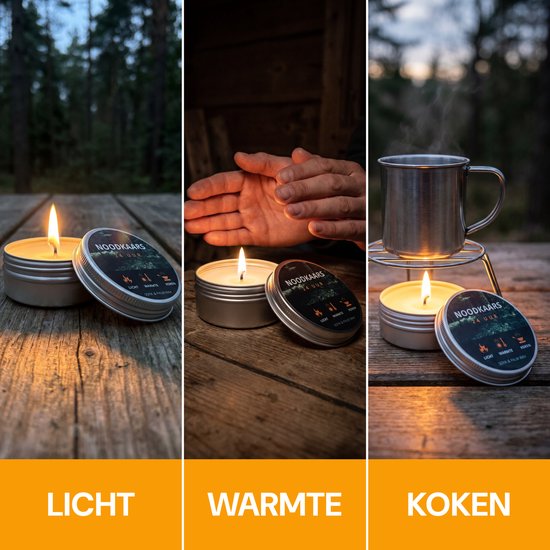 Drieluik toont noodkaars: licht, warmte geven met handen boven de vlam, en koken met een metalen mok.