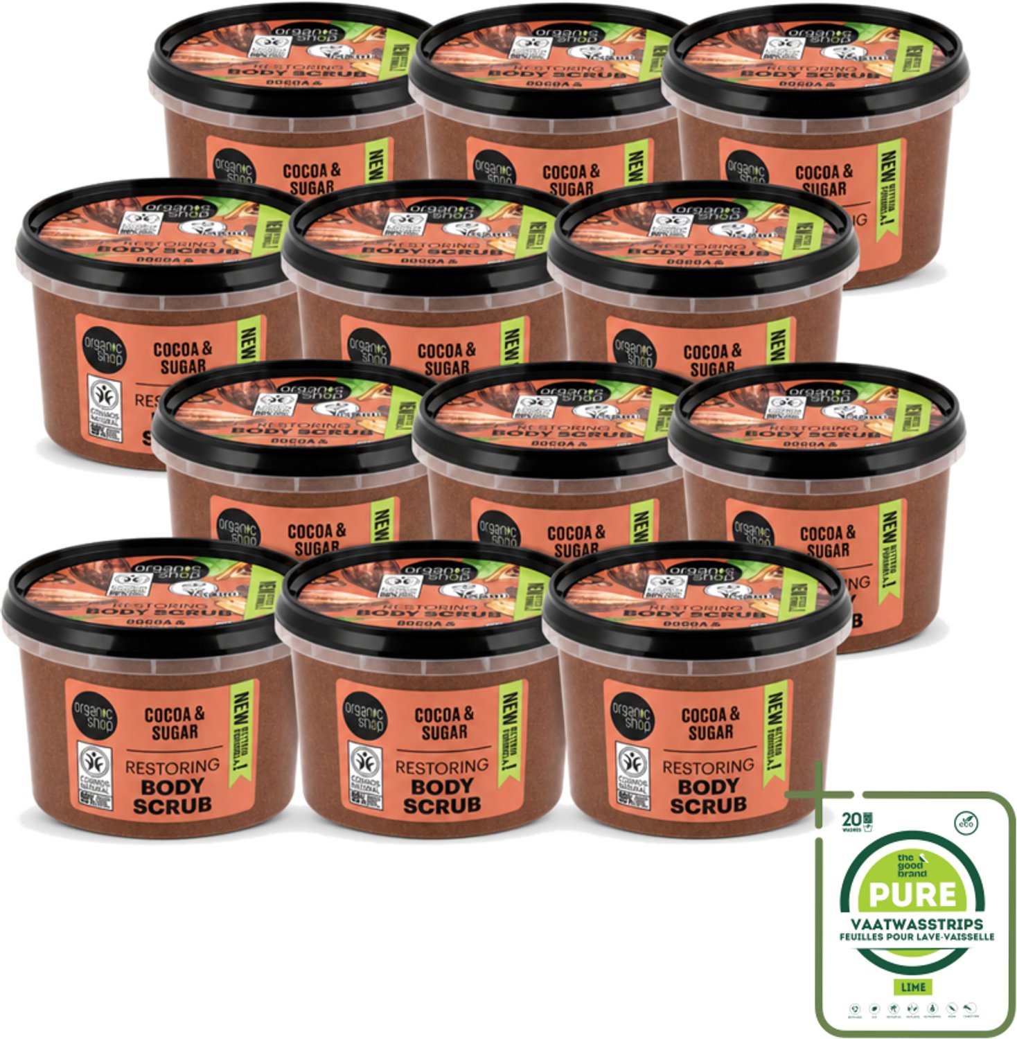 12 x Organic Shop - Body Scrub Cocoa - Rijke Hydratatie - 250 ml - Grootverpakking - Vaatwasstrips - Bodyscrub - Exfoliatie - Huidverzorging - Cacaoboter - Suiker