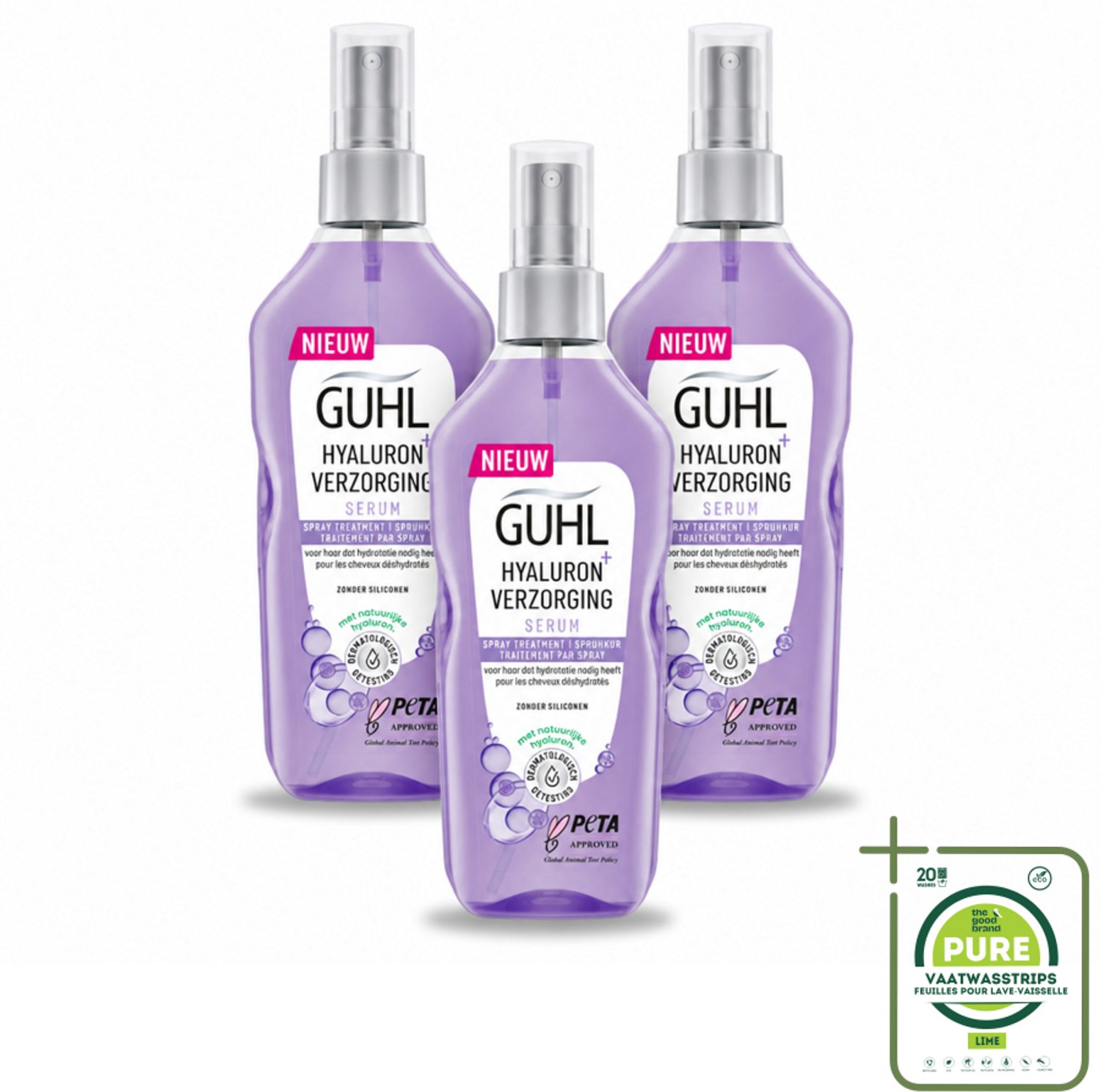 3 x Guhl - Spray - Hyaluron Verzorging - 150 ml - Grootverpakking - Vaatwasstrips - Haarhydratatie - Hyaluronzuur - Hittebescherming - Haarverzorging - Verzorgingsspray