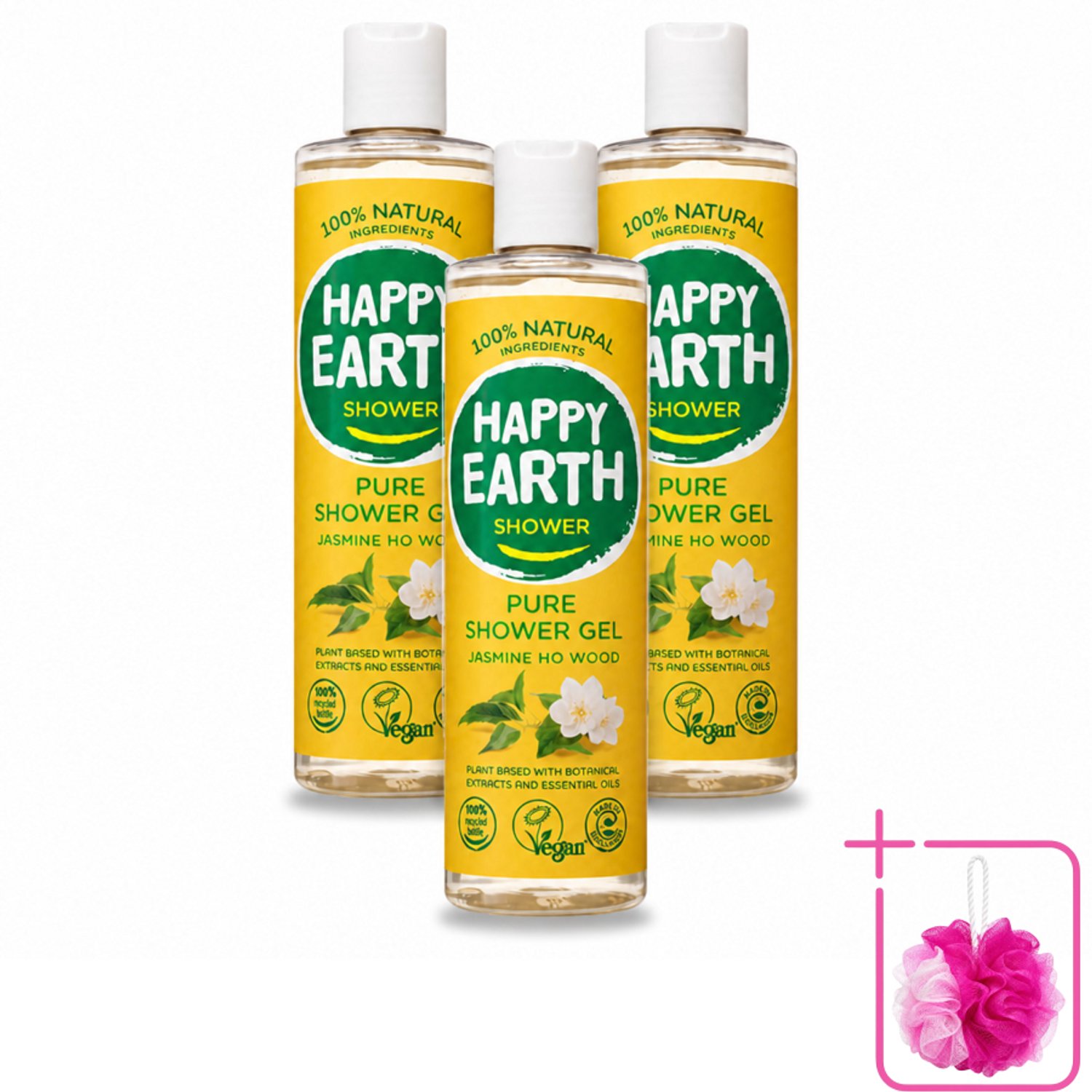 3 x Happy Earth – Douchegel – 100% Natuurlijk Jasmine Ho Wood – 300 ml - Bulkverpakking - Natuurlijke douchegel - Douchemop - Jasmijn en ho wood