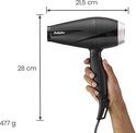 Zwarte BaByliss föhn in een hand, met aanduidingen van 21,5cm breedte, 28cm hoogte en 477g gewicht.