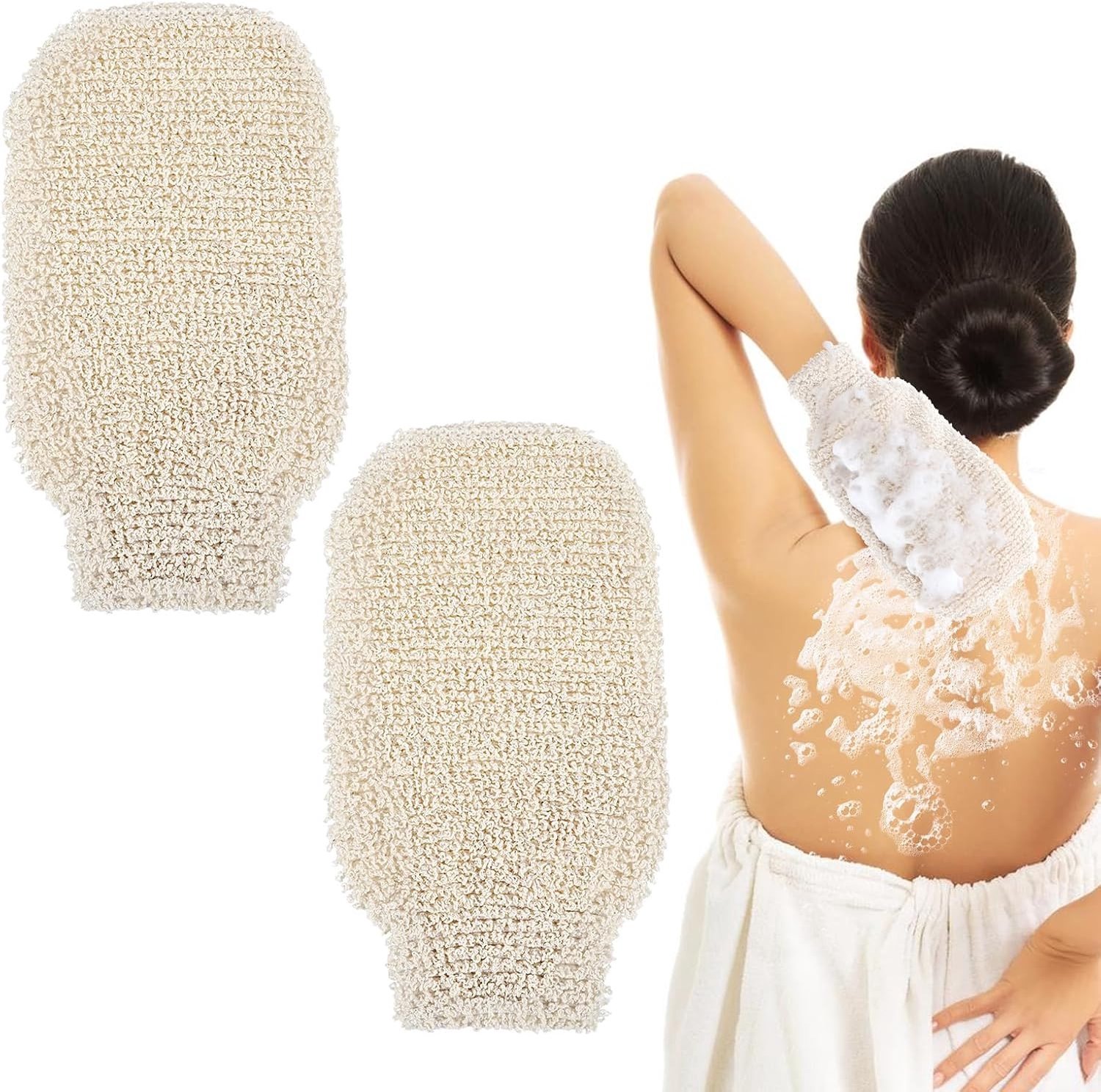 Set van 2 Natuurlijke Sisal Douchehandschoenen, Exfoliërende Handschoenen voor Lichaam, Scrubhandschoenen voor Mannen, Vrouwen en Kinderen