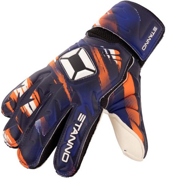 Achterkant van de Stanno Flare keepershandschoen, donkerblauw met oranje accenten.