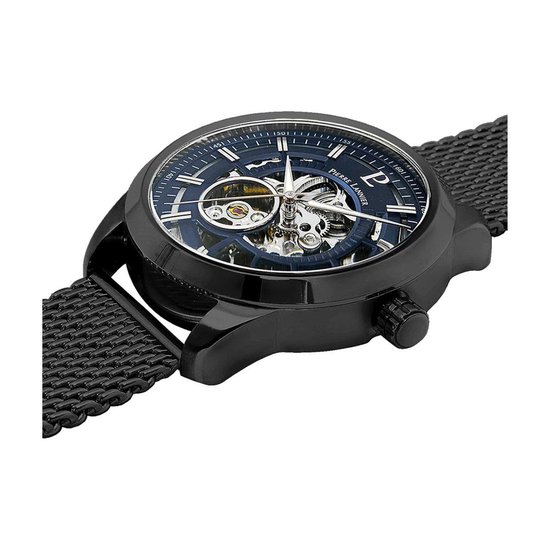 Zwart Pierre Lannier horloge met blauwe open wijzerplaat en mesh horlogeband.