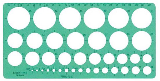 Groen Linex cirkelsjabloon met 39 cirkels variërend van 1 tot 35 mm en inktvoetjes.