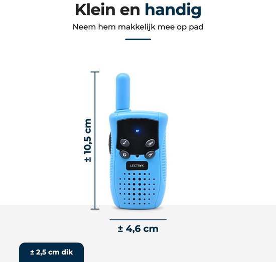 Blauwe LECTRIK walkietalkie met afmetingen: 10,5 cm hoog, 4,6 cm breed en 2,5 cm dik.
