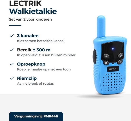 Blauwe LECTRIK walkietalkie set met 3 kanalen, 300 meter bereik, oproepknop en riemclip.
