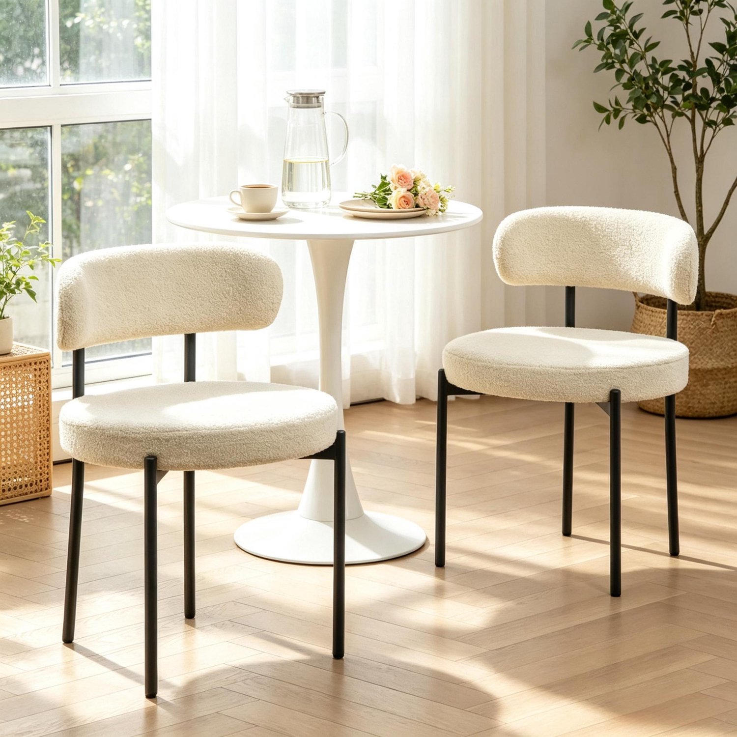 Clruro Eetkamerstoelen - 51×51×76 cm - Set van 2 - Gestoffeerd - Bouclé/Staal - Beige