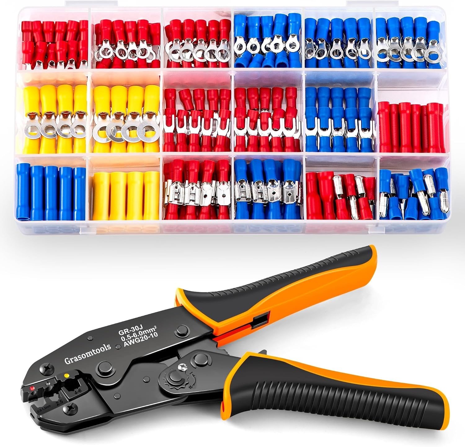 Professionele Krimpzagen Set voor Geïsoleerde Draadklemmen, 0.5-6mm² met 370 Stuks Connectoren en Ratchet Mechanisme