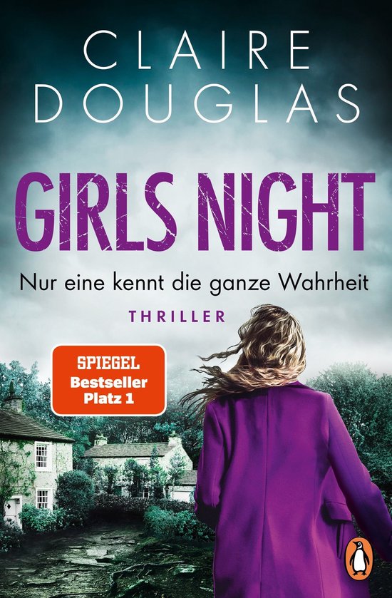 Boekomslag: een vrouw in paarse jas kijkt naar een huis in een donker landschap. Titel: Girls Night.