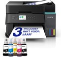 Zwarte Epson EcoTank all-in-one printer met vijf inktflessen en een afgedrukte pagina met '3 jaar inkt inbegrepen'.