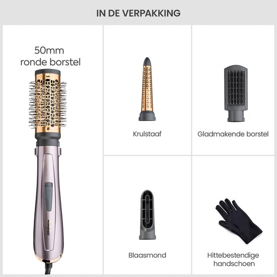 Inhoud verpakking: föhnborstel, 50mm ronde borstel, krulstaaf, gladmakende borstel, blaastuit en handschoen.