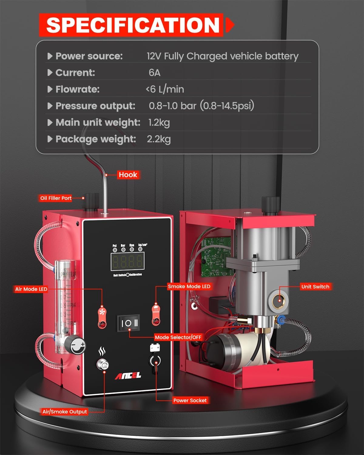 Rookmachine Auto Digitale Rookmachine Met Ingebouwde Luchtcompressor - Vacuüm En Drukmeter - Voor Brandstofleidingen En Vacuümleidingen - Compact En Lichtgewicht