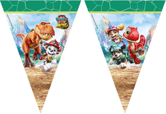 Paw Patrol Dino film vlaggenlijn met een T-rex, Marshall, Skye en Rocky tegen een prehistorisch berglandschap.