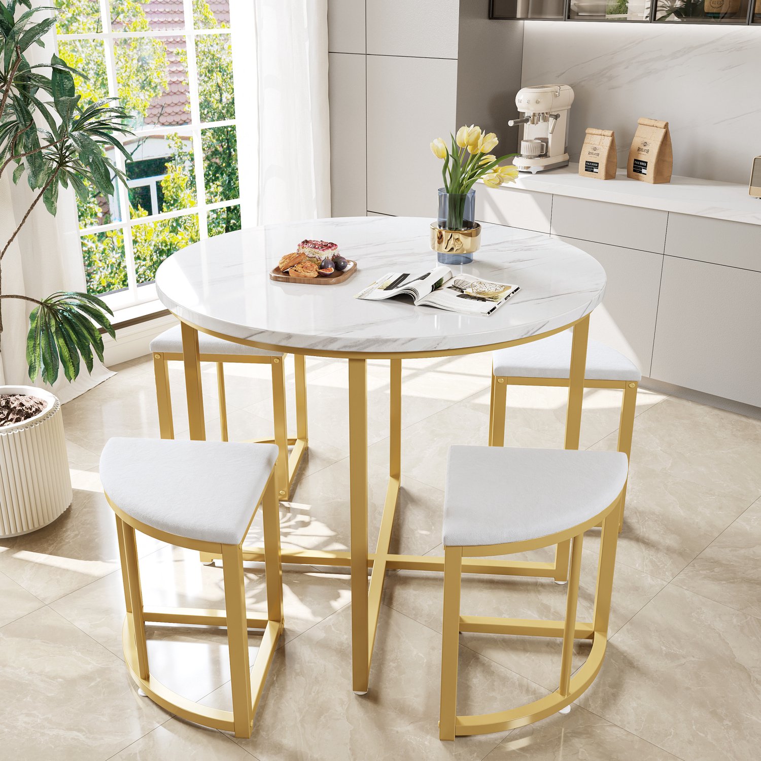 CHICFURN Eettafelset - 4 personen - ruimtebesparend - 5-delig - wit goud