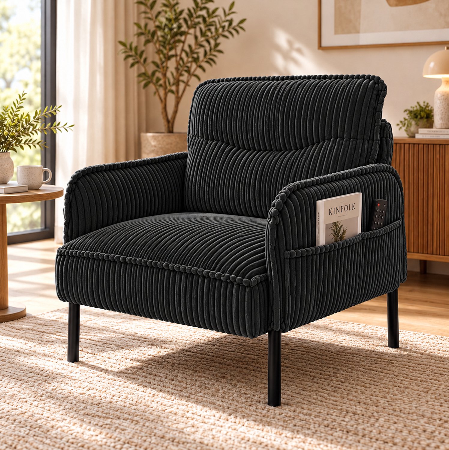 STILVORA Fauteuil 69 x 73 x 83 cm - Eenpersoons met Hoge Rugleuning en Zijvakken - Voor Woonkamer en Slaapkamer - Ribstof - Zwart